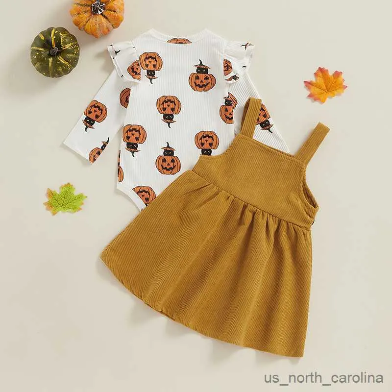 Flickans klänningar Baby Girls Outfits Pumpkin/Ghost Print Long Sleeves Romper and Corduroy Suspenders Dress Piece Clothes R230816