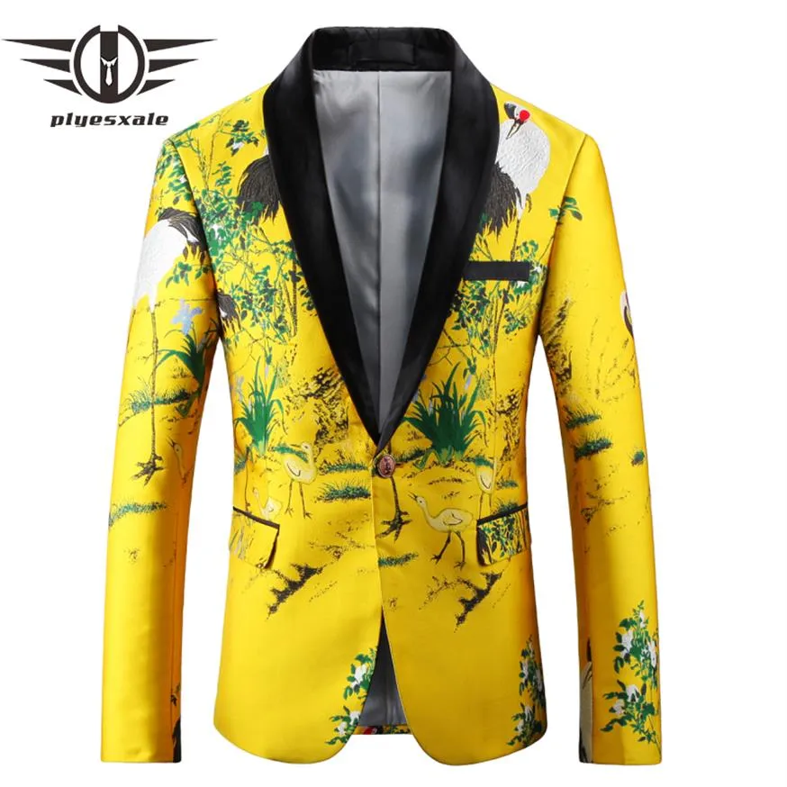 Plyesxale Siyah Sarı Blazer Erkekler 2018 İnce Fit Çiçek Nakamı Blazer Ceket Şalları Yaka Gündelik Takım Mens Balo Blazers Q421252o