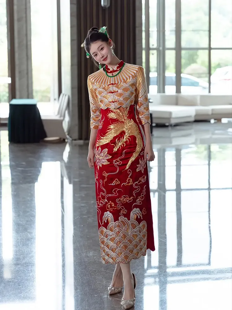 fitted lace wedding dress Modern red Qipao dress