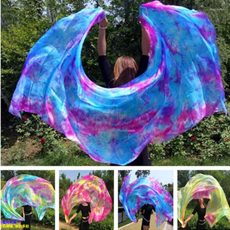 Stage Draag Tie-Dye Dancing Real Silk Veils Mooie gradiëntkleur Hand sjaals voor prestaties 2,5x1.14m maat