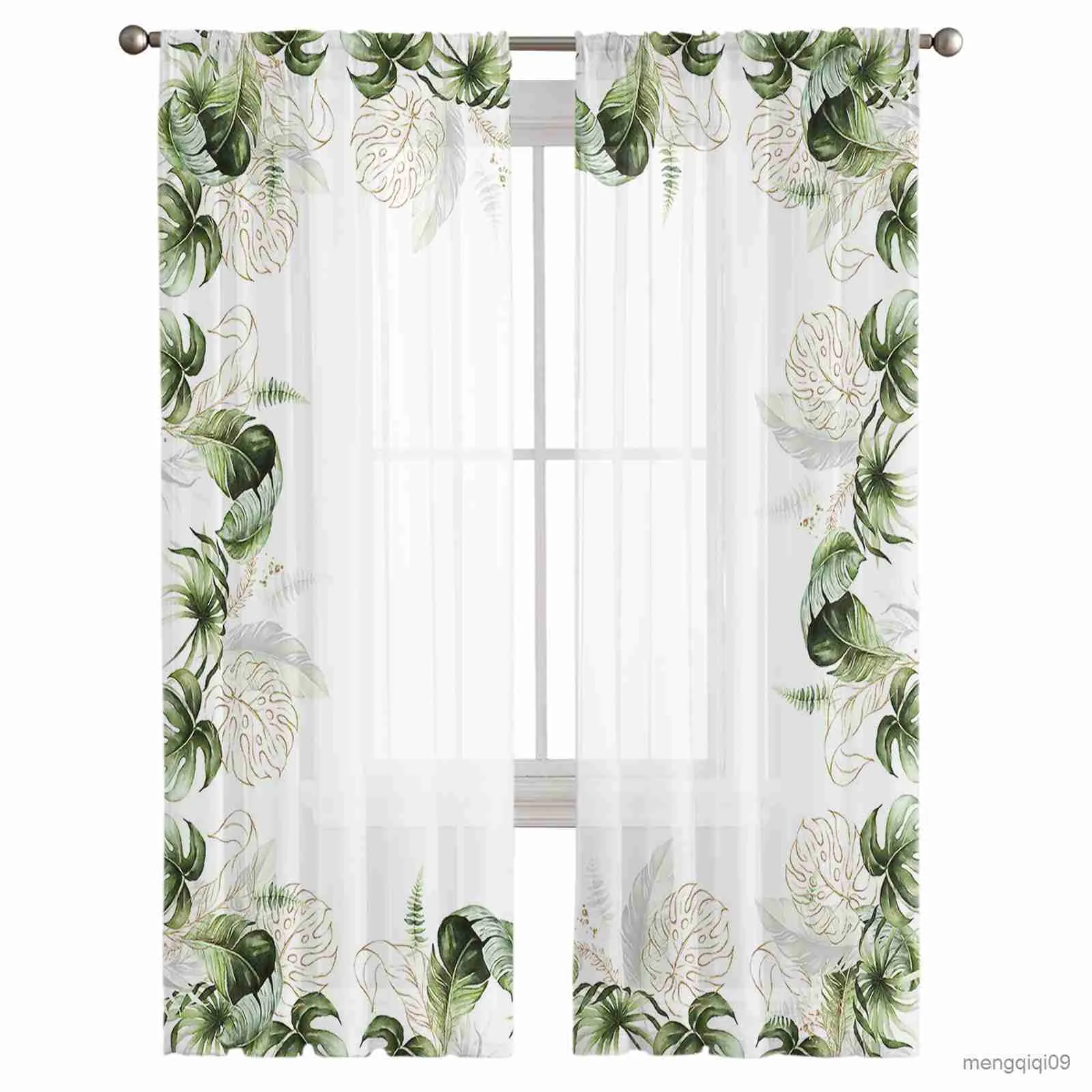 Rideau transparent en Tulle avec plantes tropicales, feuilles vertes, pour salon, chambre à coucher, pour adultes, décoration de cuisine