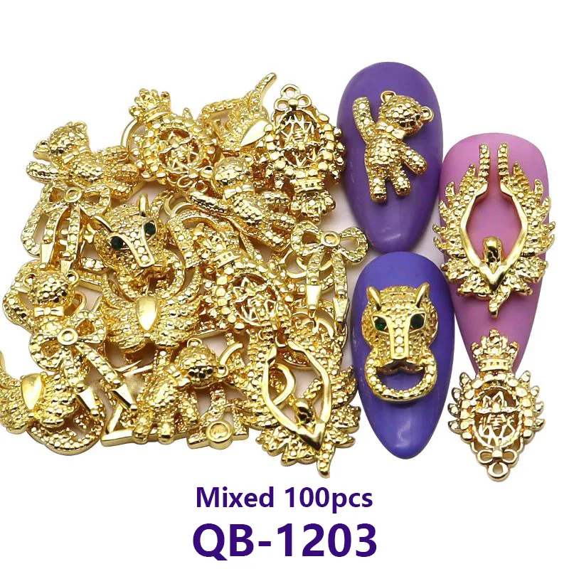 Tırnak Sanat Dekorasyonları 100 PCS Metal Metal Manikür Dekorasyon Cazibesi Altın Gümüş Leopar Baş Melek Bear Marka Çeşitliliği Karışık Aksesuarlar 230816