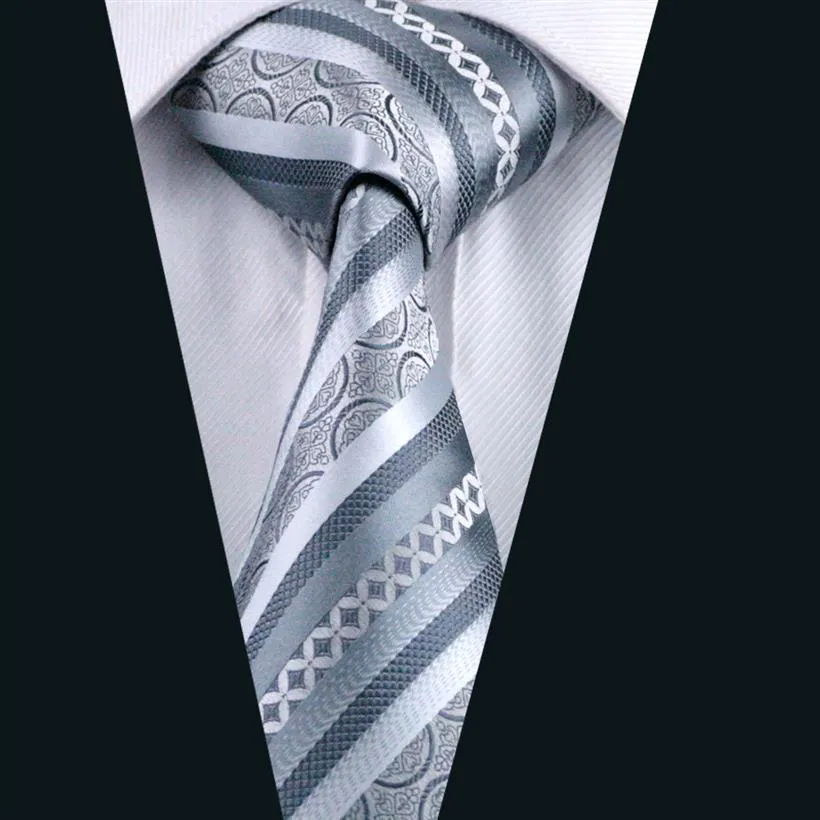 Slipsuppsättning för män grå stripe hankerchief manschettknappar jacquard vävda män slips set affärsarbete formellt bröllop n-0589232x
