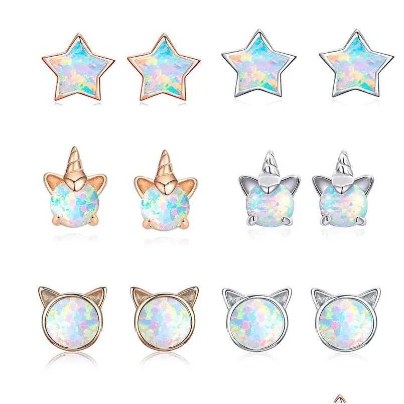 Stud 10mm 925 Brincos de prata Cut Cat Unicorn Star Blue Opal Brincho