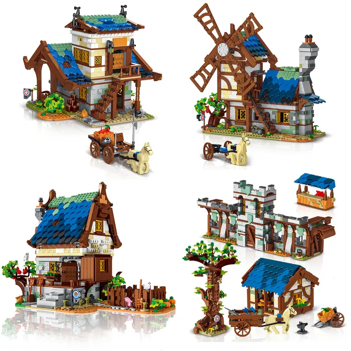 Andra leksaker uppmanar 50101 Den medeltida staden Market Smithy City Retro Windmill House Street View Blocks Model Building Bricks for Kids Gift 230815