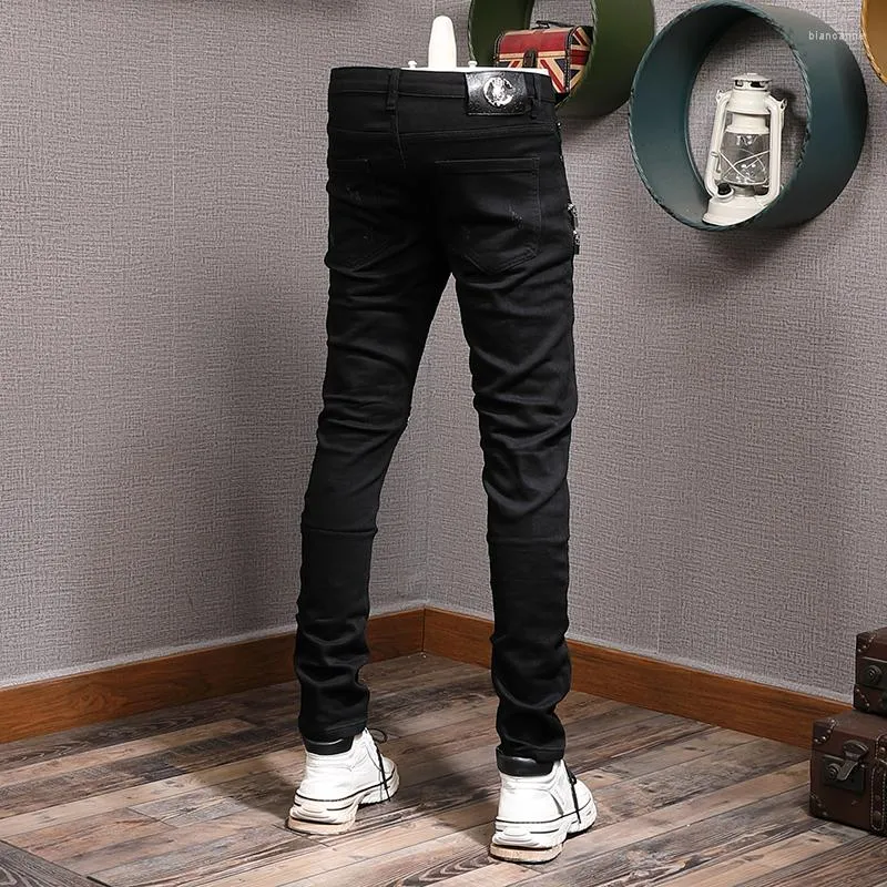 Black Stretch Slim Fit Black Ripped Jeans Mens With Ripped Elastic