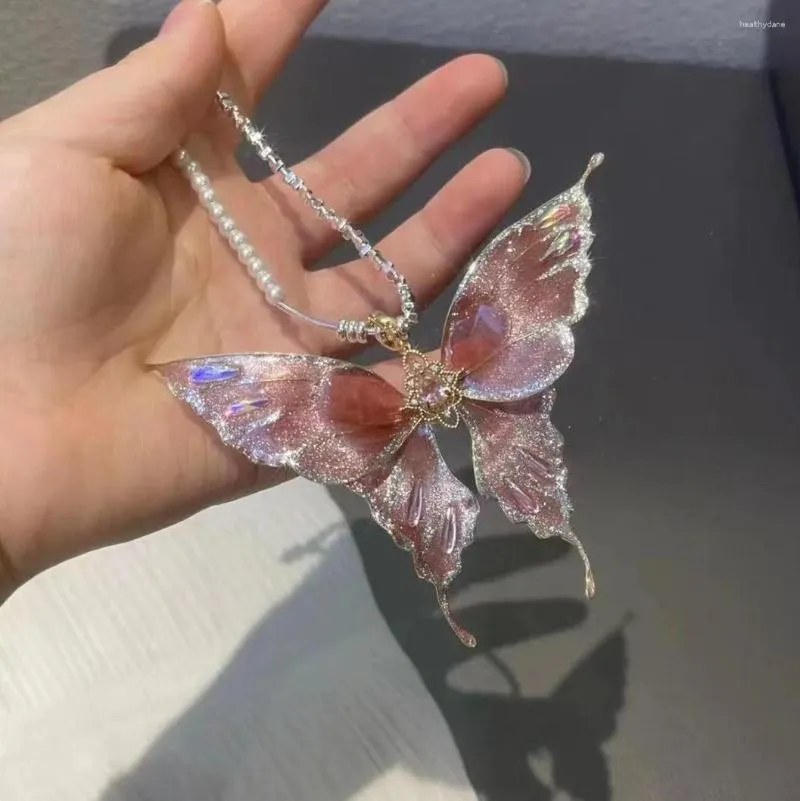 Pendant Necklaces 2023 Delicate Pink Sweet Butterfly Necklace Korean Imitation Pearl Crystal Beads Chains For Women Jewelry