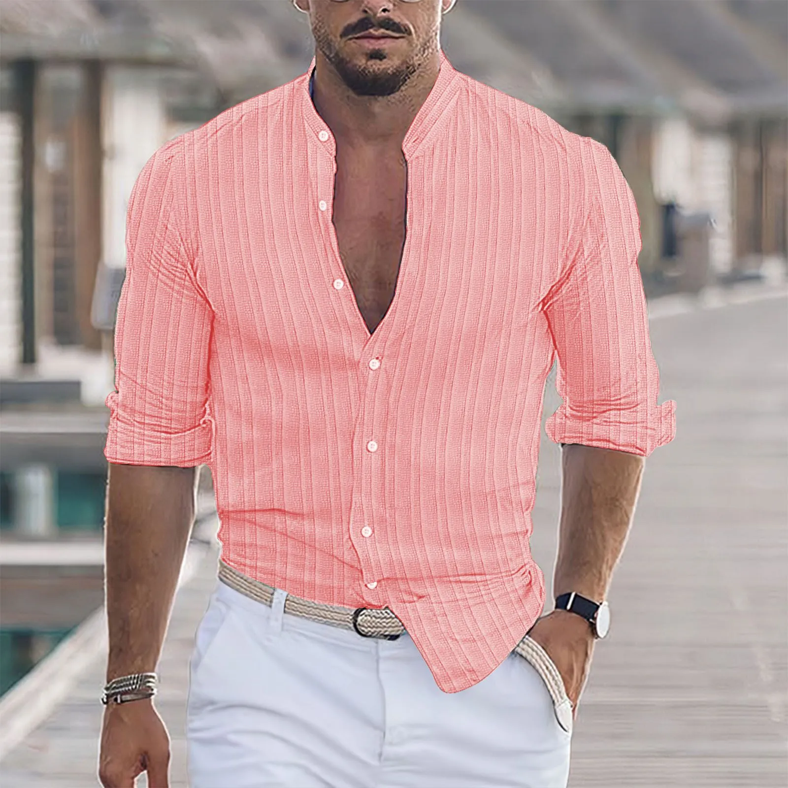 Camisa de estampa rosa camisa masculina camisetas casuais linho blusa de algodão de algodão