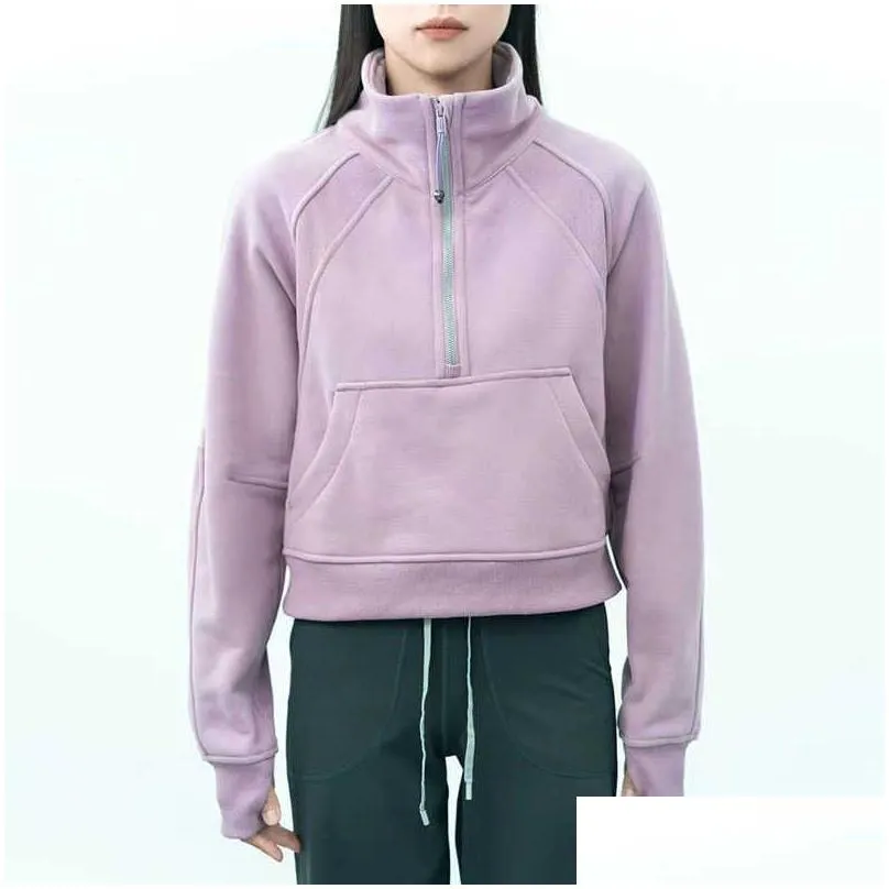 Yoga Outfits LU-99 Women Fitness Hoodies Runing Jacket Ladies Sport Half Zipper Sweatshirt thick Loose Short Style Coat With Fleece Thumb Hole