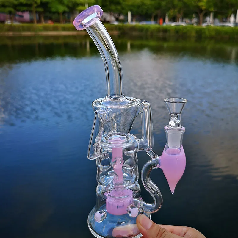 Wholesale Hookahs 10 Inch Glass Beaker Turbine Perc Double Recycler Glass Bongs Fab Egg Oil Dab Rig Water Pipe 14mm Female Joint 4mm Thickness With Bowl Three Colors