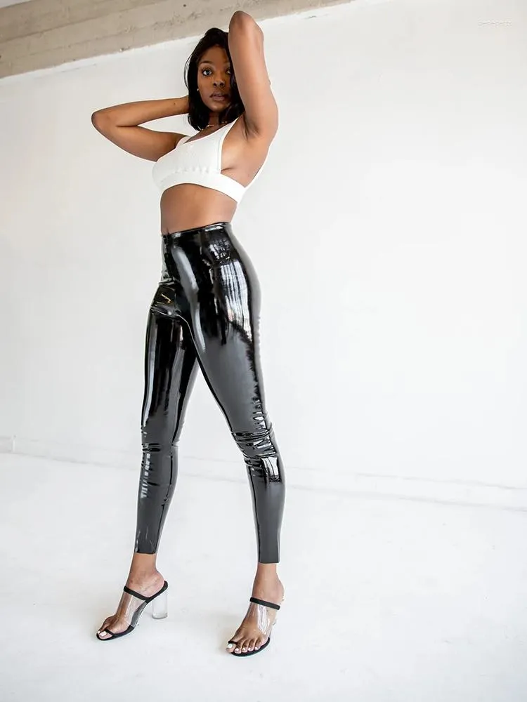 Women's Pants High Waist Faux Latex Seameless Legging Women Bodycon Shiny Patent Leather Trousers Ladies PVC Stretch Slim Cropped Custom