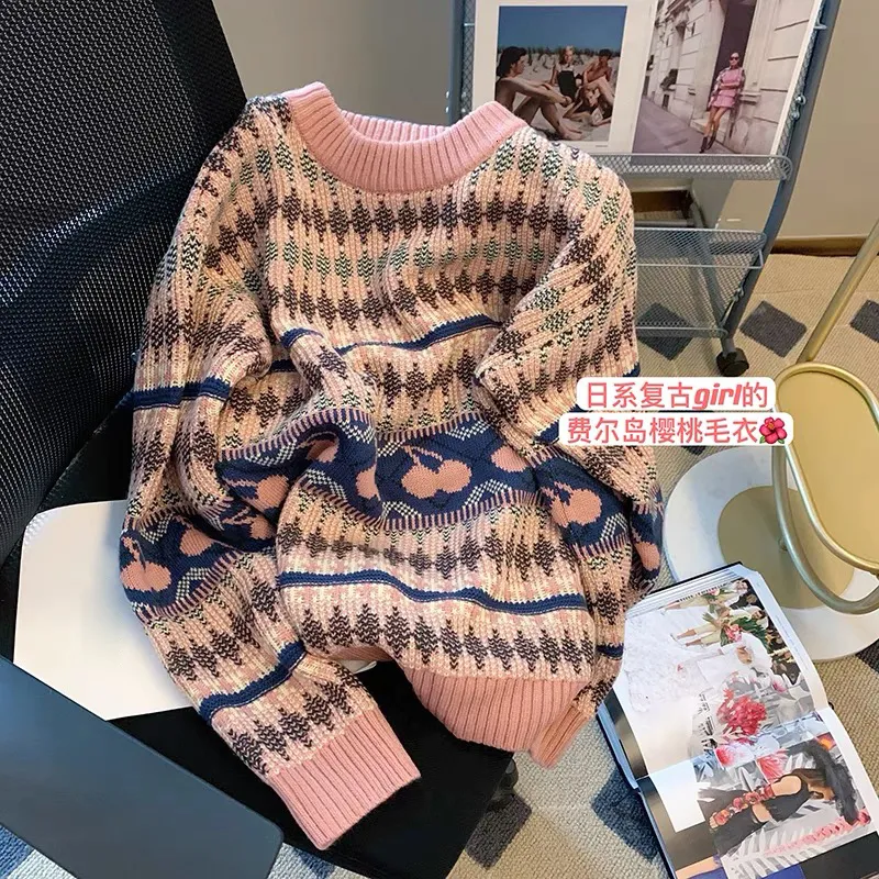 Kadın Sweaters Vintage Kadın Kış Sweater Oneck Gevşek Örgü Kiraz Şık Altakları Patchwork Sonbahar Uzun Kollu Jumperlar 230815