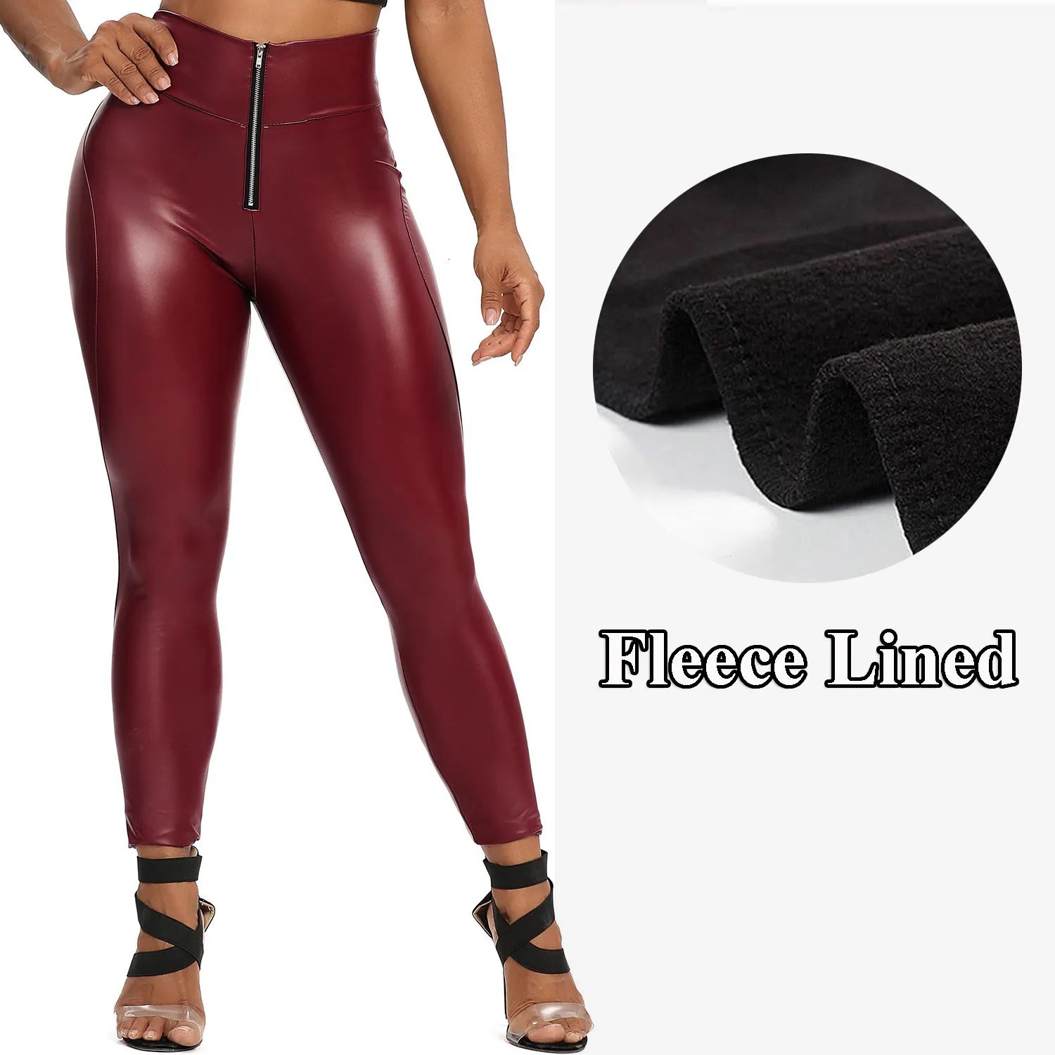 Fleece Lined High Waisted Faux Leather Leggings - Five Inch Waist Band -  92% Polyester / 8% Spandex, 7319963