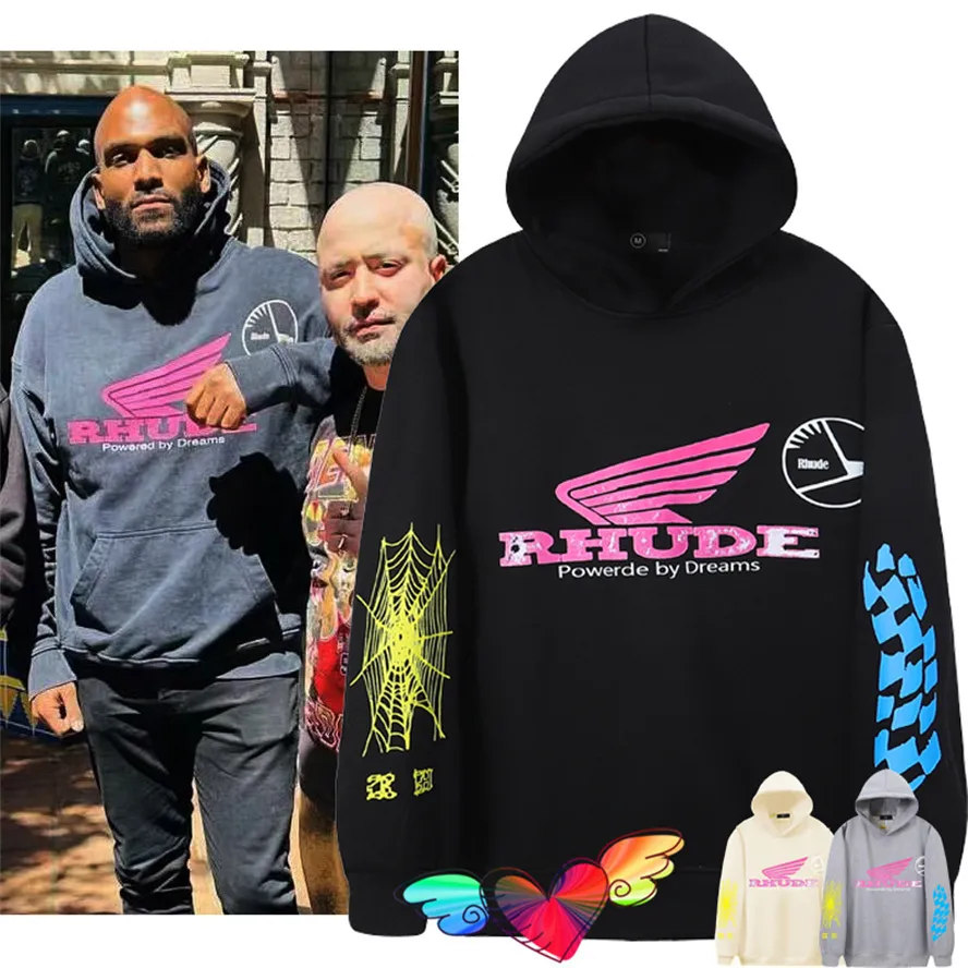 Herrtröjor tröjor 2023fw fleece rhude wing hoodie män kvinnor drivs av drömmar hoody checker tröjor 230815