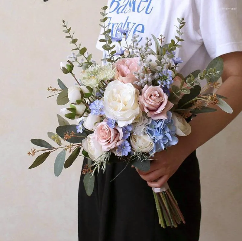 Bruiloft bloemen eillyrosia wit roze tropisch bruids boeket blauw hortensia groene eucalyptus strandholding voor bruid kunstmatig