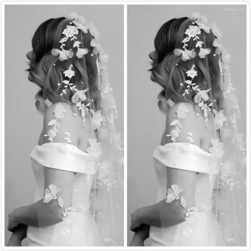 Brudslöjor Ett lager Pearl 3D Flower Lace Appliced ​​Accessoarer 3m Simple Veil For Bride Custom Made