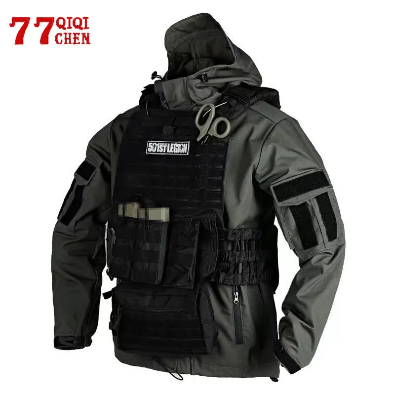 Mens Jackets Mens Airsoft Jaqueta Tática Militar à prova d'água Múltiplos bolsos de camuflagem Jackets de combate para caminhada pelo vento com capuz Long Casat 230815