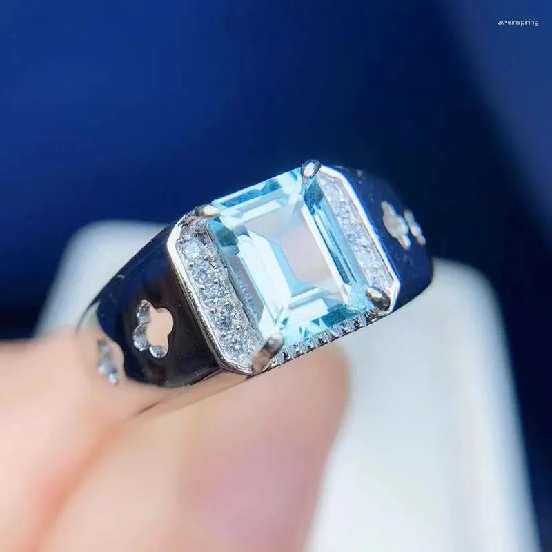 Klusterringar män ringer naturliga verkliga blå topas rektangel 6 8mm 2.4ct ädelsten 925 sterling silver fina smycken t213176