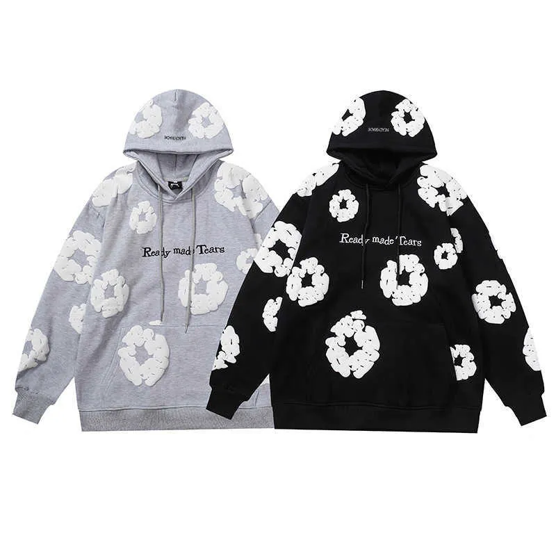 Tears Puff Mens Hoodies Inverno Readymade Espuma Flor Co Marca Denim Impresso Pulôver Angustiado Bordado Branco Kapok Tidal Moletons 3ddj