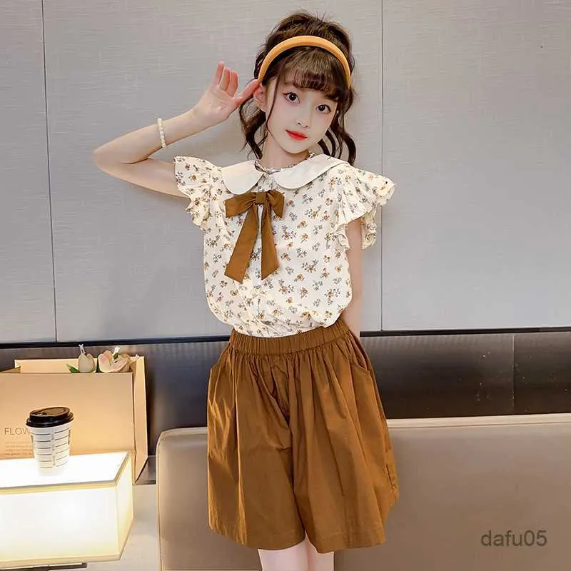 Clothing Sets Summer Girl Flying Sleeve Suit New Children Student Short Sleeve Shirt Shorts Two-piece Set Kids Clothing R230816