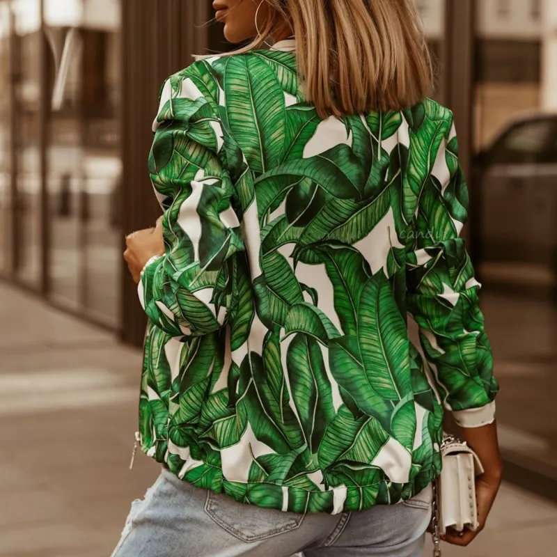 Womens Jackets Fashion Flower Print Long Sleeve Womens Bomber Jacket Zipper Up Vintage Coat Tops Elegant Slim Basic Ladies Jackets 4 Color 230815