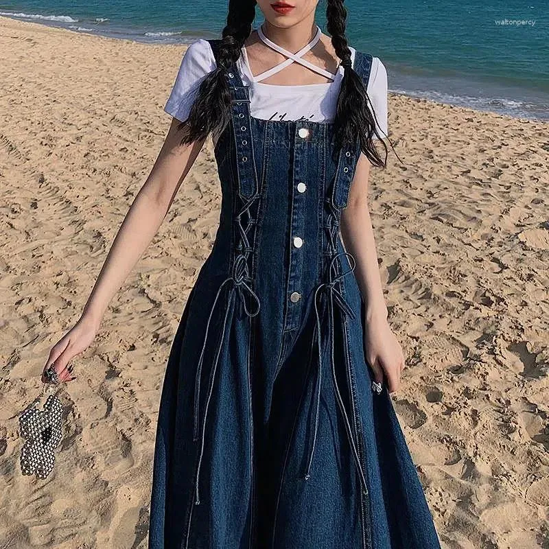 Casual Dresses 2023 Female Korean Fashion Denim Strap Dress Women's Retro Slim Summer Student Waist Length Reduced Age Small A-line Skirt