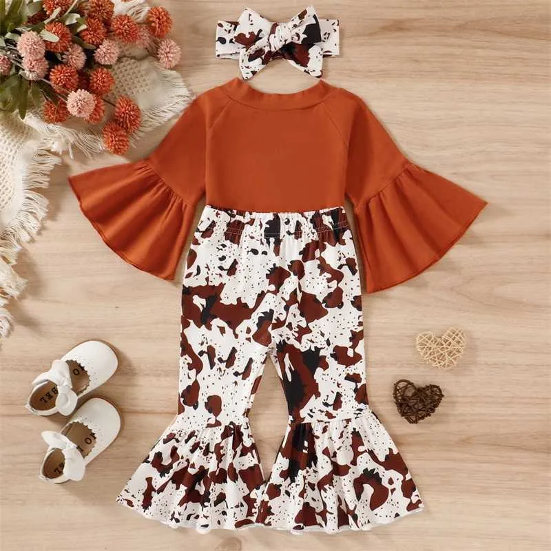 Kledingsets Peuter Baby Meisjes Kleding 3 Stuks Lente Zomer Outfits Flare Mouw Effen Kleur Tops Flare Broek Hoofdband Kledingset