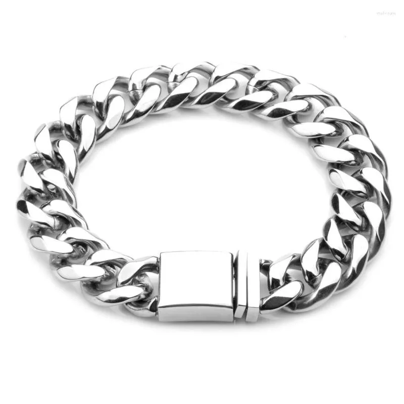 Charm Bracelets Punk Stainless Steel Silver Color Fastener 14.5MM Width Curb Cuban Link Chain Trendy For Men