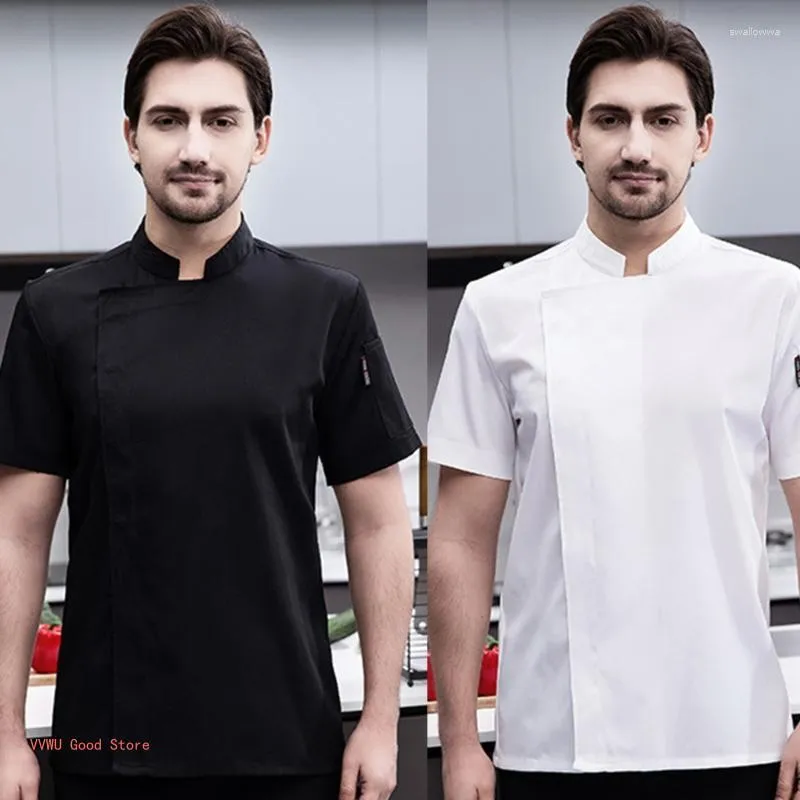 Camicie da uomo da uomo chef cappotto da chef lavoro uniforme a maglia traspirante per chiusura a maniche corte con camicia da cucina tascabile