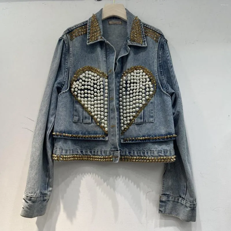 Women's Jackets 2023 Autumn/Winter Spicy Girl Street Fashion Personality Love Pearl Nail Bead Heavy Duty Denim Jacket