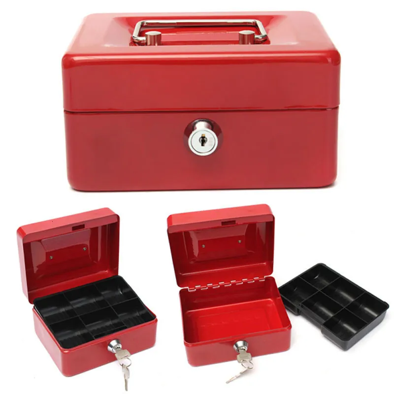 Steel Cash Box With Key Lock, Metal Small Money Organizer Red