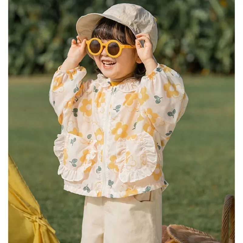 자켓 여름 패션 가벼운 꽃 사랑스러운 여자 아기 코트 후드 가드 풀 지퍼 키즈 선복 1 ~ 10 년 동안 230816