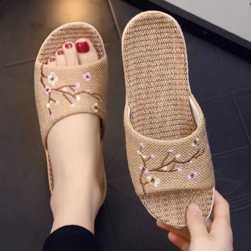 Chinelo de algodão feminino verão sandálias bordadas casa absorção de suor e cuidados com os pés chinelos casal chinelos sandálias sapatos