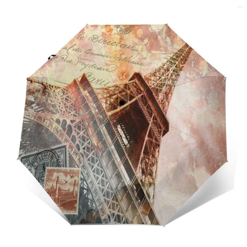 Umbrellas Wind Resistant Fully-Automatic Umbrella Eiffel Tower Paris Abstract Art Rain 3 Folding Parasol Travel Car