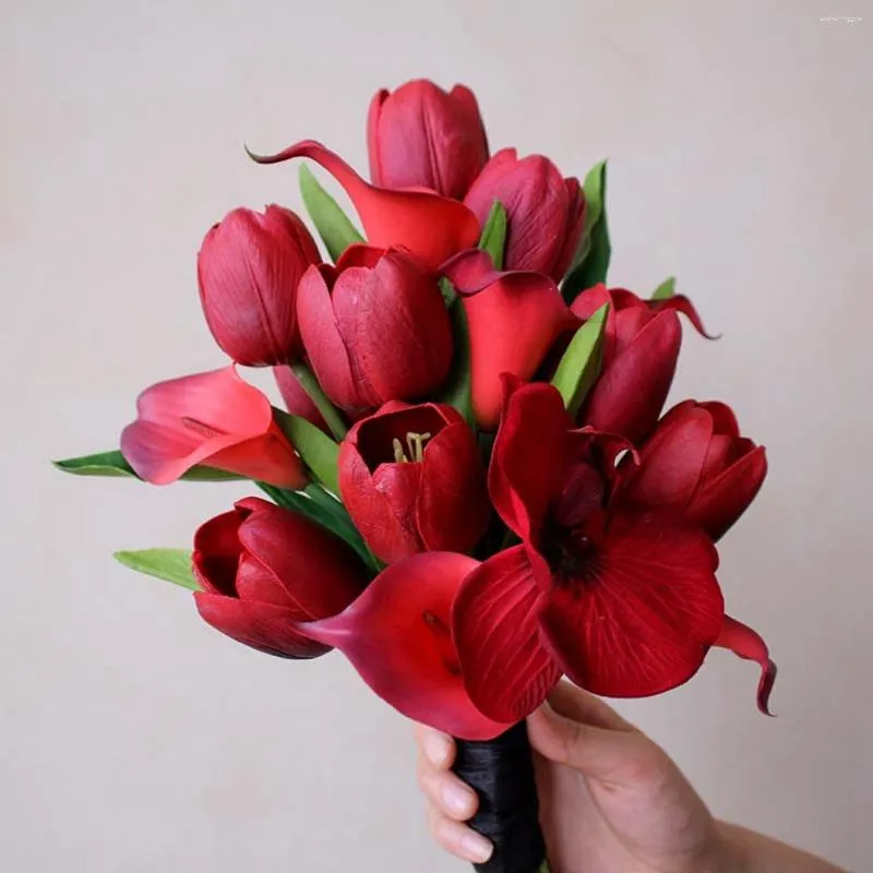 Wedding Flowers Burgundy Tulip With Cala Lilies Bouquet Artificiel Mariage Ramo Para Lanzar De Boda Ramos Novia Originales