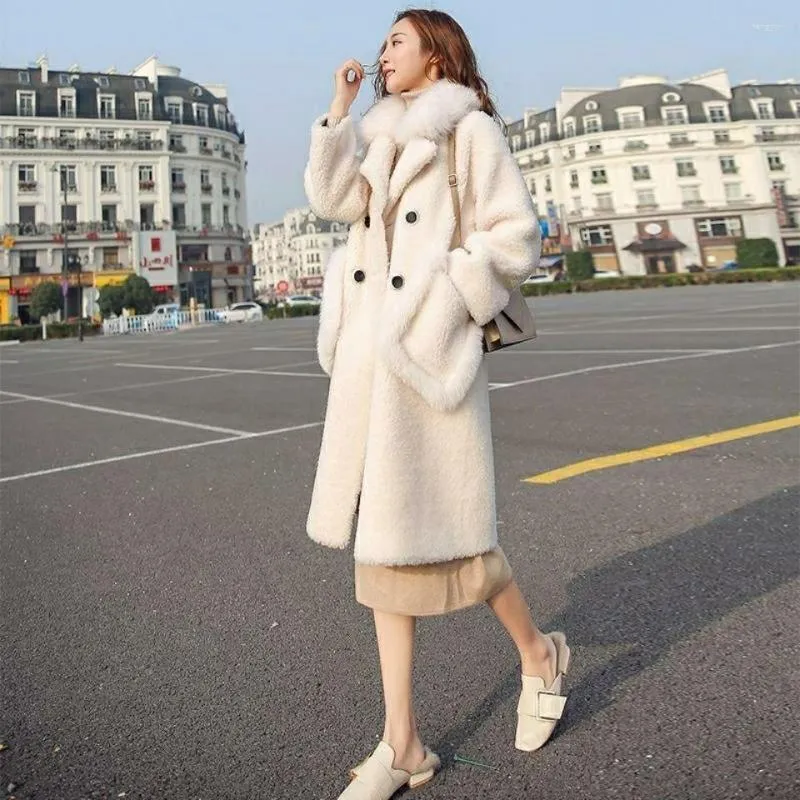 Pelliccia femminile colletto bianco cotto casual cappotto invernale inverno imitazione imitazione agnello finto tasca a doppio petto