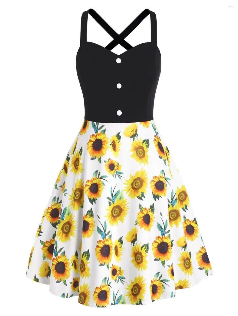 Casual jurken derssfo dames kleding plus size sune sunflower high taille mock button criss kruisen een lijn mini tuinfeest 2023