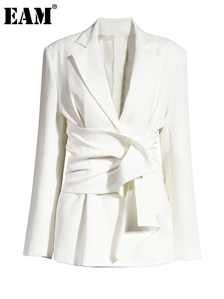 Blazer Blazer Blazer Eam Women White Bilned Pieghe irregolare Blazer Blazer Lavove Long Maniche Fashion Fashion Spring Autumn 1x343 230815