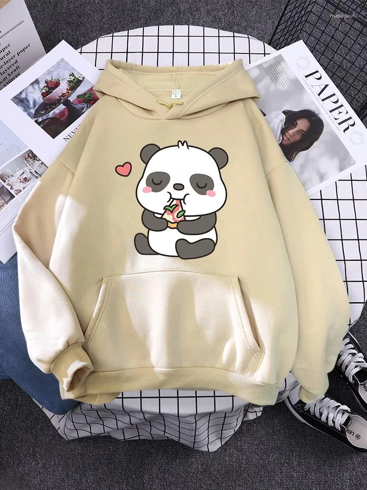 Hoodies feminino Capuz de panda fofa comendo pizza pizza tracksui lady o-pescoço o grande tamanho de roupas esporte kawaii animal 2023 pulôver da mulher