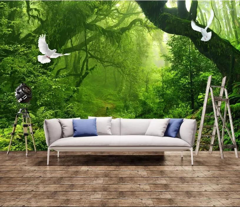 Papéis de parede CJSIR Custom 3D Papel de parede Nature Paisagem Floresta verde fresca Árvore grande árvore branca Pigeon TV Background Wall Decor