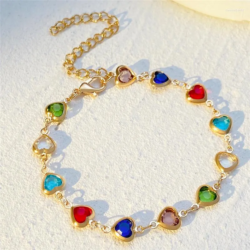 Link Bracelets Colorful Crystal Heart Charm Bracelet For Women Classic Jewelry Christmas Gift E381