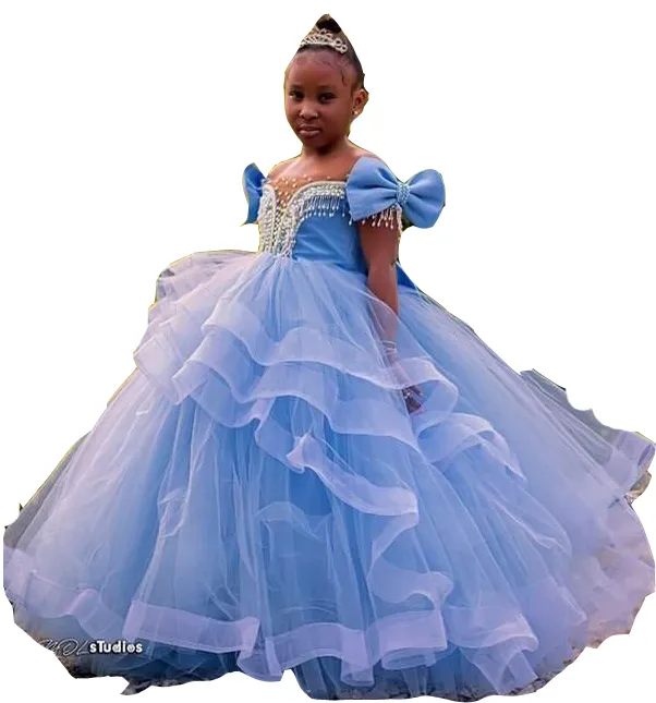 Off-Shoulder Light Blue Tulle flower birthday dress with Crystal Beads, Ruffles, and Tiered Skirt - Perfect for Weddings, Parties, Communion, or Balls Off-Shoulder Light Blue Tulle flower birthday dress with Crystal Beads, Ruffles, and Tiered Skirt - Perfect for Weddings, Parties, Communion, or Balls