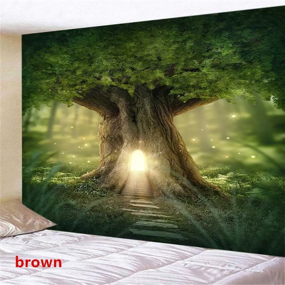 Arazzo da parete con albero torreggiante, foresta, paesaggio naturale, stregoneria psichedelica, stile bohémien, sfondo in tessuto, decorazione per la