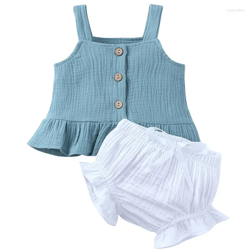 Kläder sätter 2 -stycken Summer outfit Born Girls Korean Casual Cute Sleeveless Cotton Tops Bow Shorts Baby Luxury BC1909