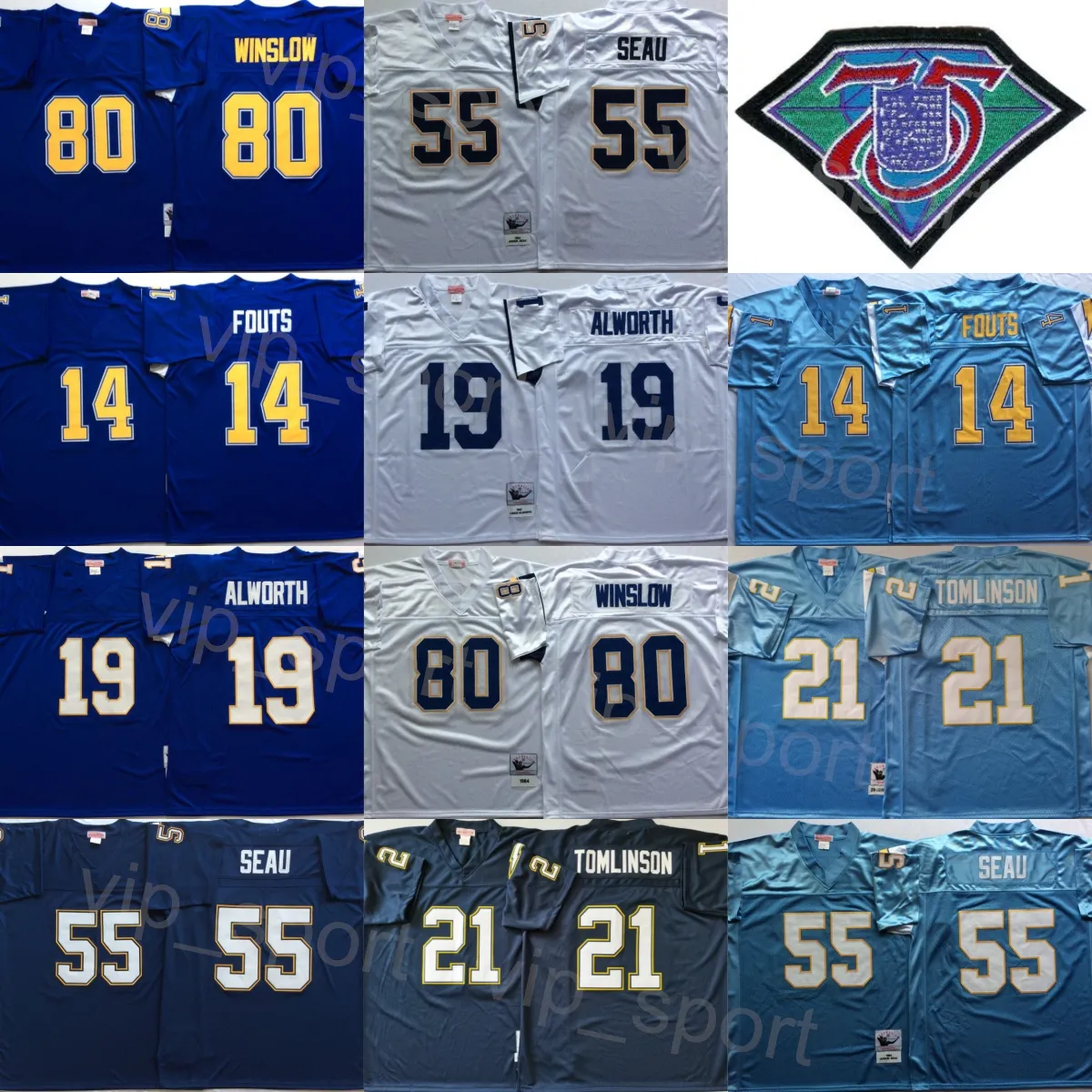 Retro 1987 1984 voetbal 19 Lance Alworth Jersey 80 Kellen Winslow 21 Ladainian Tolinson 14 Dan Fouts 55 Junior Seau Vintage 75e verjaardag borduurwerk