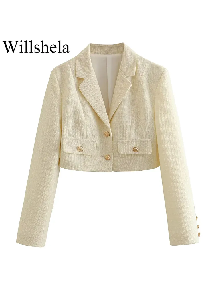 Damenjacken Willshela Women Mode mit Taschen Beige Single Breasted Cropped Blazer Vintage Kerbe Hals Langarmes weibliche schicke Outfits 230815