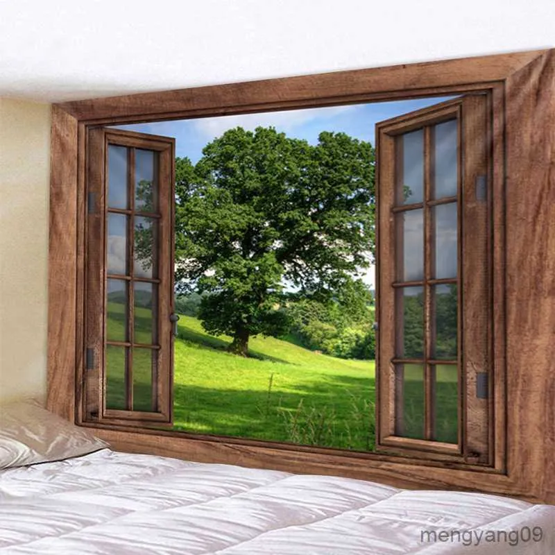 Wandteppiche dreidimensionale Fenster Naturlandschaft Wand Hanging Wandteppichkunstdekoration Hanging Vorhang für Schlafzimmer Wohnzimmer Dekoration R230816