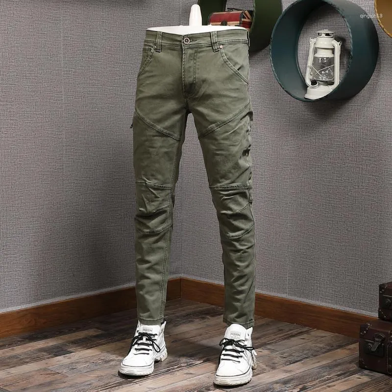 Jeans masculinos Ly Designer Moda Men Spliced ​​Stretch Slim Fit Exército Green Troushers Streetwear Hip Hop Calças Hombre