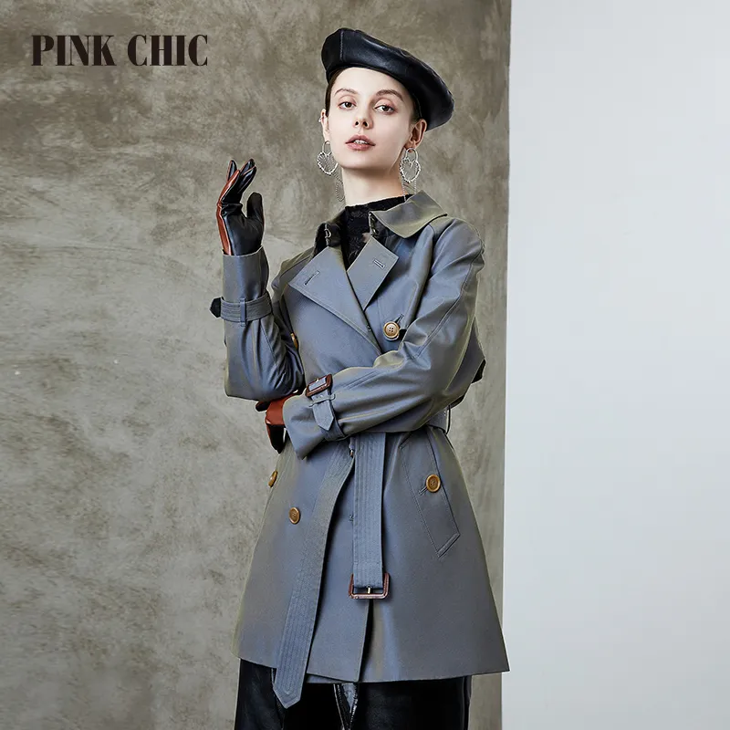 Женские траншеи Coats Pink Chic Spring осенний палаток средняя длина женщин с двойной грудью.