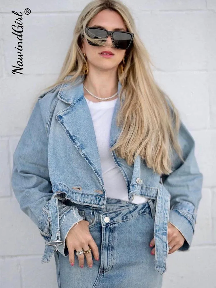 Womens Jackets Belt Denim Trench Coat For Women Spring Casual Lapel Long Sleeve Short Jackets Female Chic Loose Streetwear Botton Jacket 230815